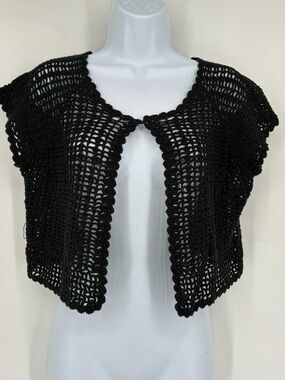 Vintage Y2K Black Crochet Cropped Cardigan Sweater Shrug Whimsigoth Goth Beach
